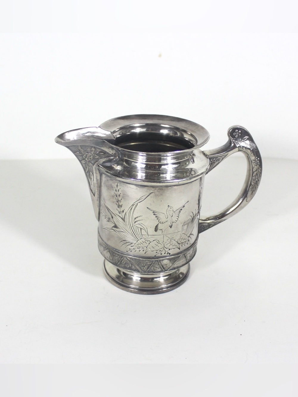 Antique Quadruple Silver Plate Pitcher Creamer Vase Hartford Etched Bird